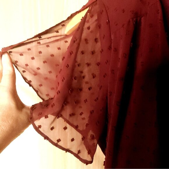 Lulus Red Maroon Womens Swiss Dot Short Sleeve Wrap Midi Dress Medium - Picture 7 of 10